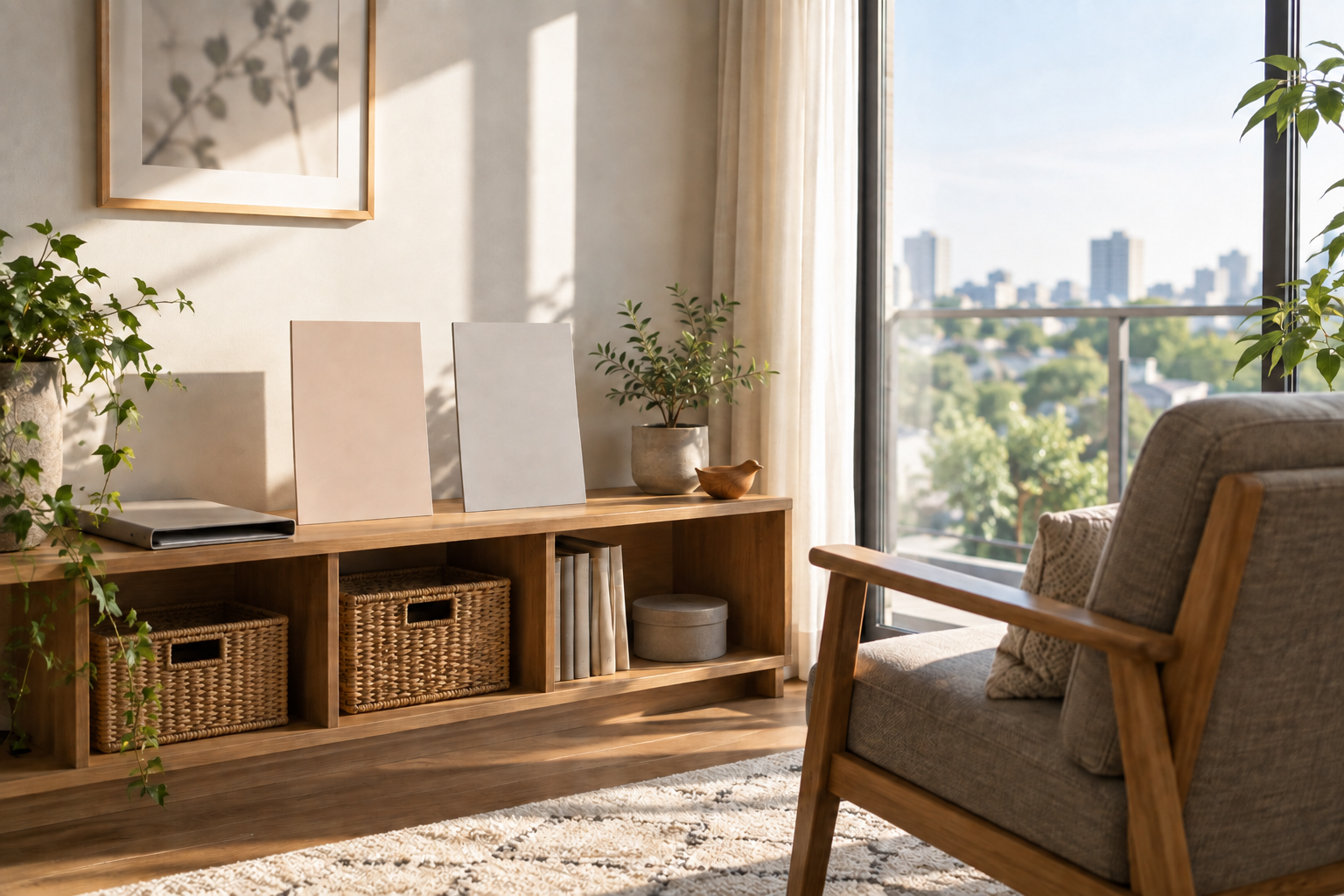 住宅購入の候補を落ち着いて比較する時間をイメージした、窓辺の無地カードと閉じたファイルの画像