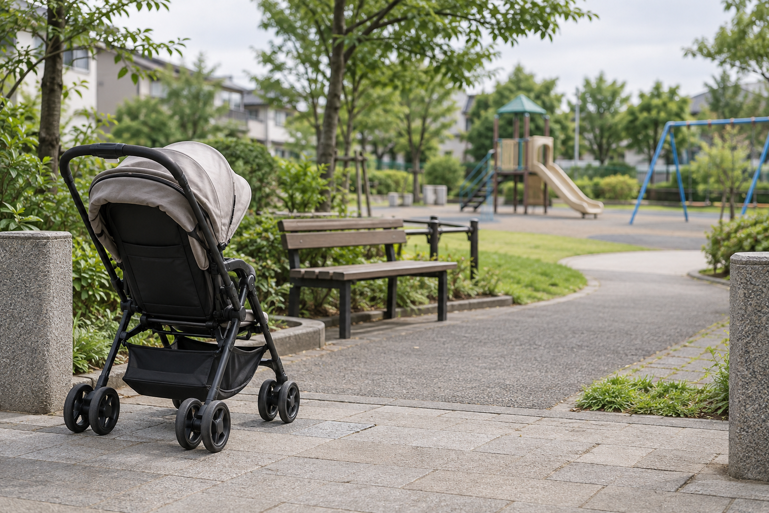 子育て中の移動と休憩場所をイメージした、架空の公園入口のベビーカーとベンチの画像
