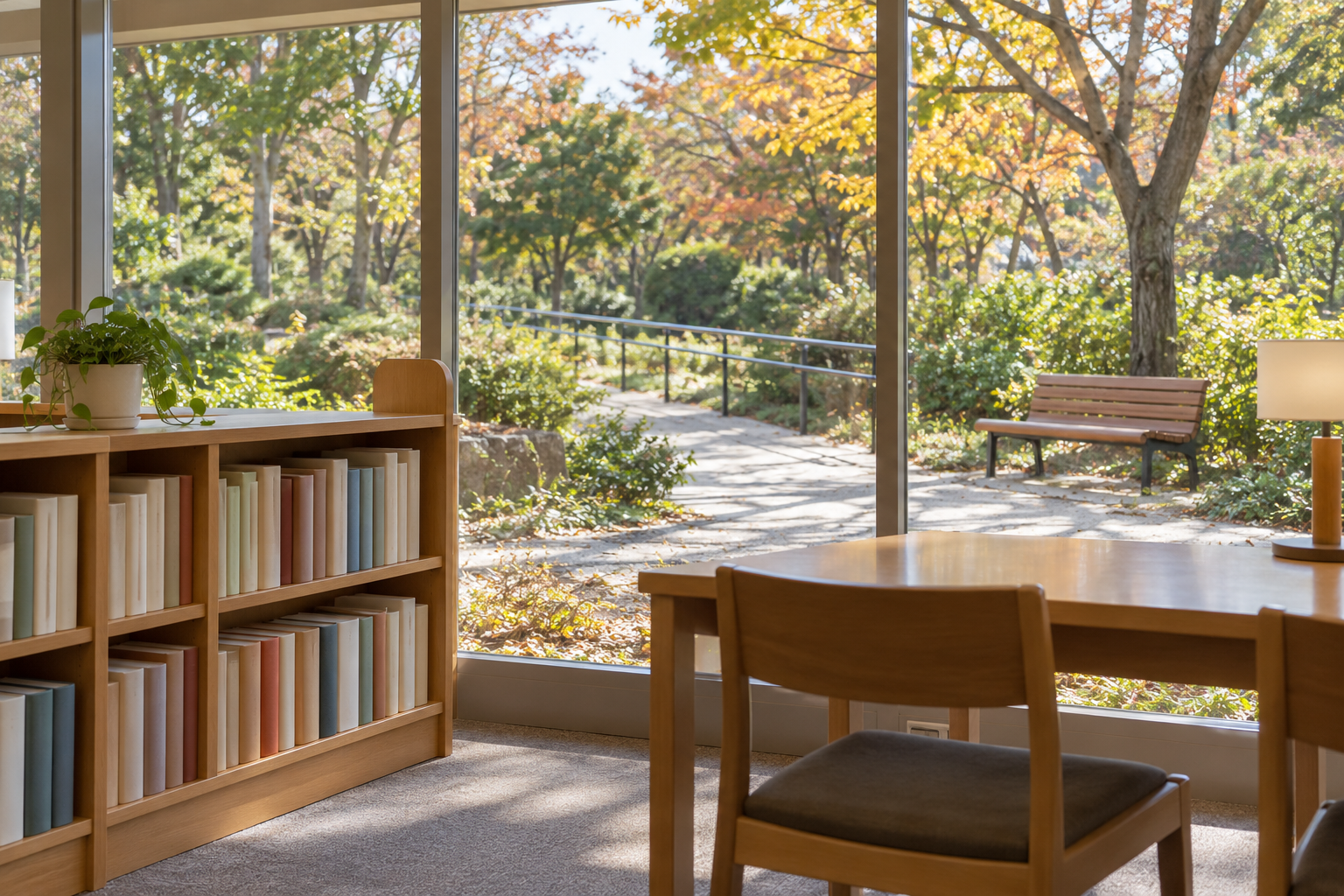 図書館の本棚と窓の向こうに見える公園の園路やベンチ