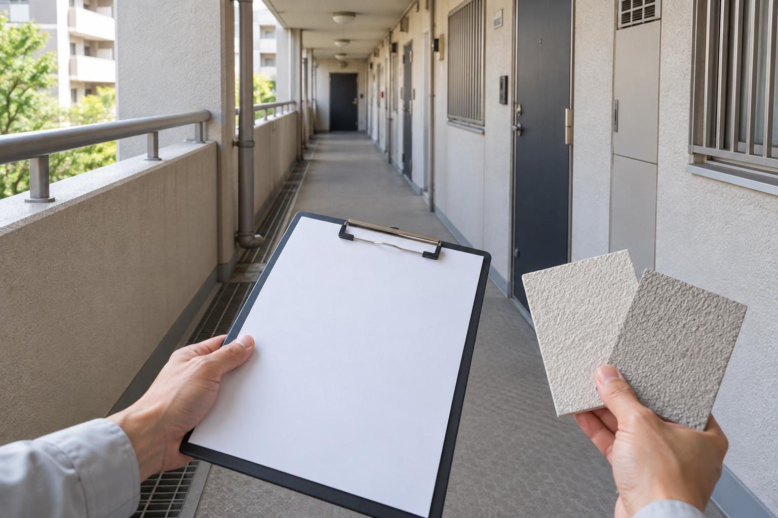 共用廊下でクリップボードと壁材サンプルを持ち、建物の状態を確認する手元